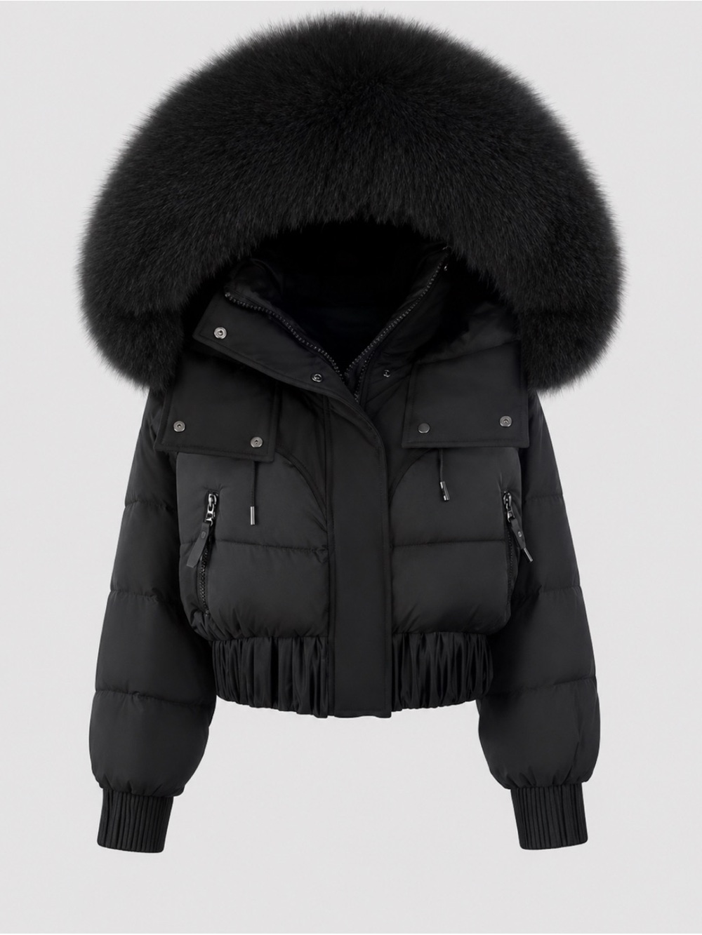 Cropped Black Women's Puffer Jacket with Plush Hood Trim